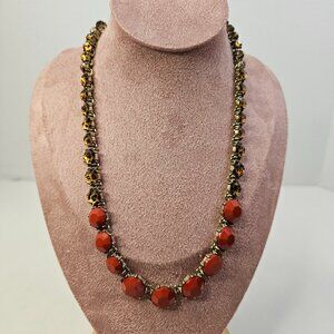 EL Erica Lyons Gold Tone Metal Animal Print Dark Red Beads Necklace Adjustable